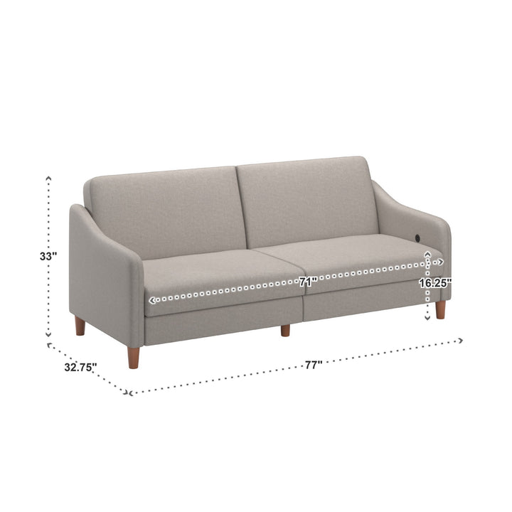 Upholstered Linen Convertible Split-Back Futon Sofa Bed with USB Charging Ports - Light Gray