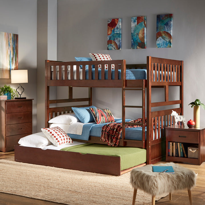 Dark Cherry Finish Kids' Bunk Bed - Full over Full, Bunk Bed with Trundle