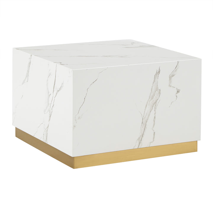 Faux Marble Table with Casters - White, Square, One End and Two Coffee Tables Set
