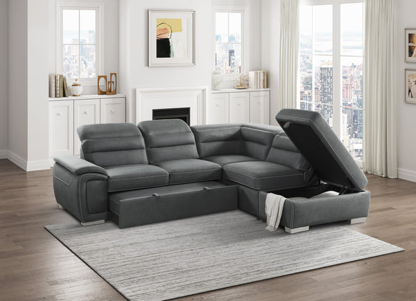 3-Piece Sectional with Adjustable Headrests, Pull-out Bed and Right Chaise with Storage Ottoman