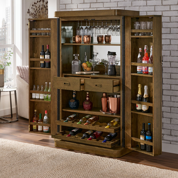 Bar Wine Storage Cabinet with Keys and LED Lights - Walnut Finish