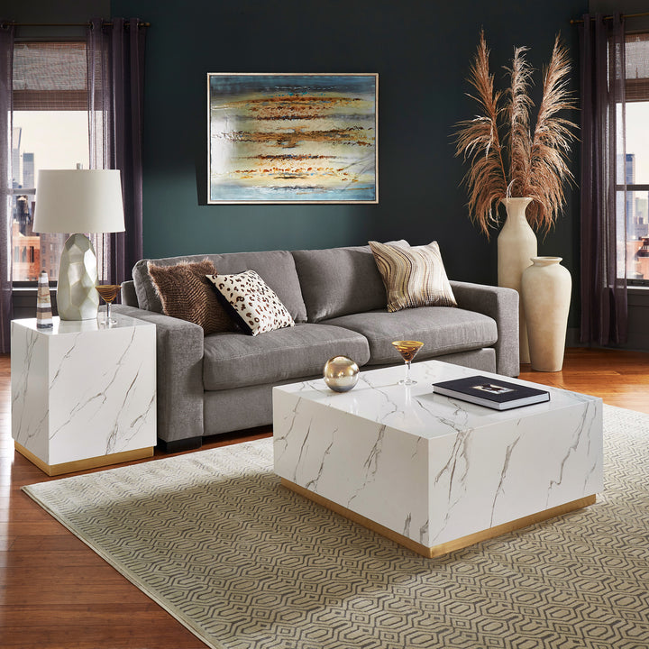 Faux Marble Table with Casters - White, Square, End and Large Coffee Table Set