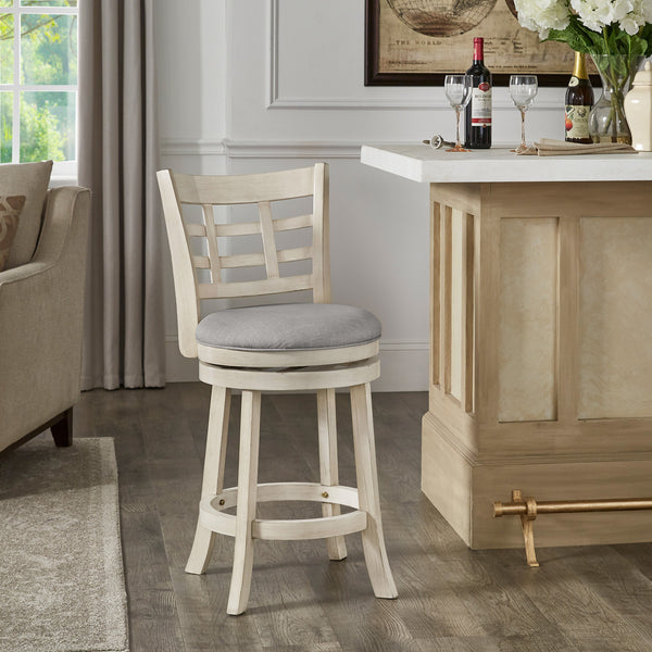 Window Back 24"H Swivel Counter Height Stool - Antique White Finish, Grey Linen