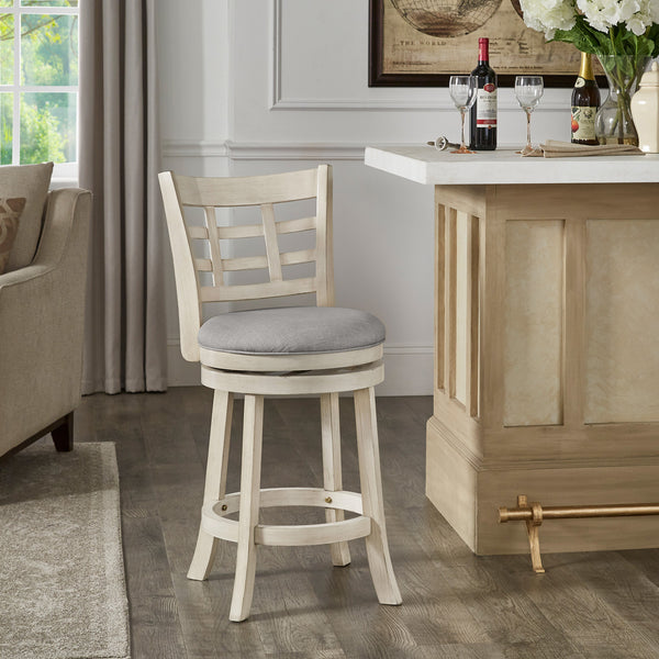 Window Back 24"H Swivel Counter Height Stool - Antique White Finish, Gray Linen