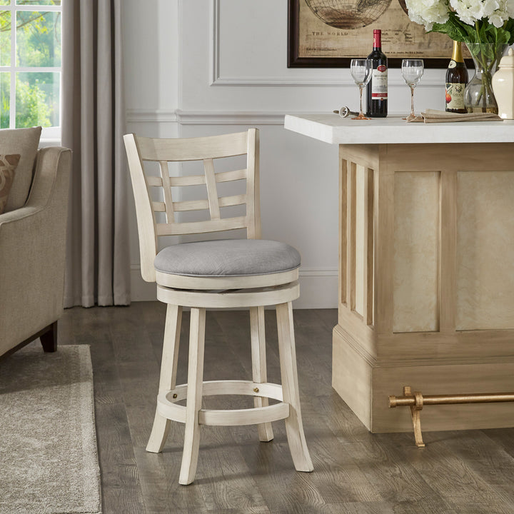 Window Back 24"H Swivel Counter Height Stool - Antique White Finish, Gray Linen