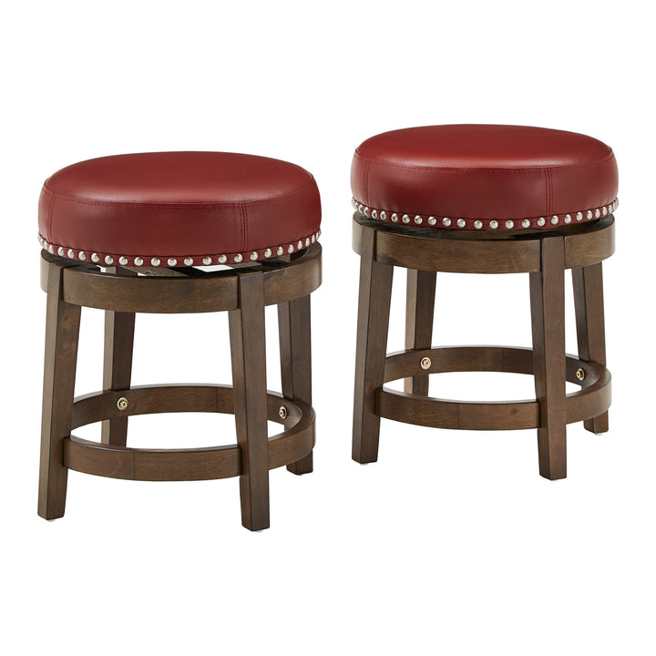 Set Of 2, Brown Finish Red Pu 18" Swivel Stool - Red Faux Leather, Dining Height - Red Faux Leather, Dining Height