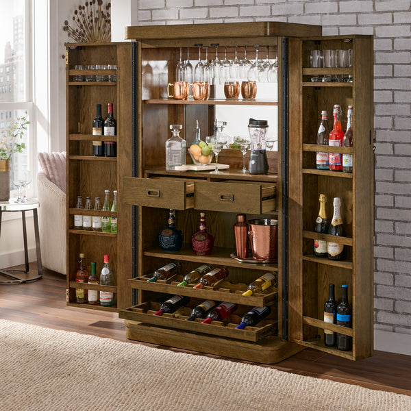 Bar Wine Storage Cabinet with Keys and LED Lights - Walnut Finish