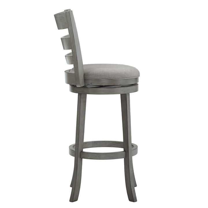 Ladder Back 29"H Swivel Bar Stool - Antique Gray Finish, Gray Linen