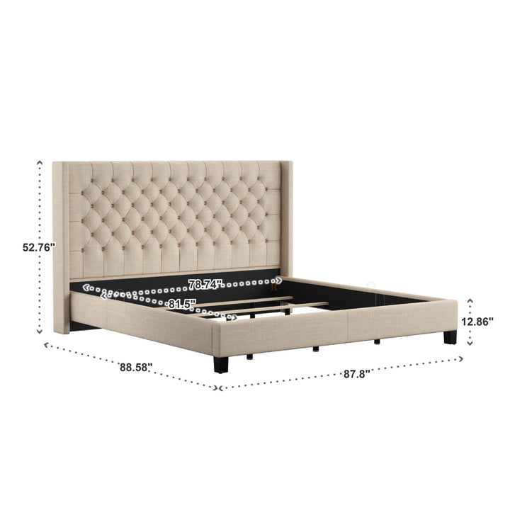 Wingback Button Tufted Bed - Beige Linen, King