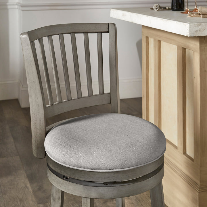 Slat Back Swivel Chair - 24" Counter Height, Antique Grey Finish, Grey Linen