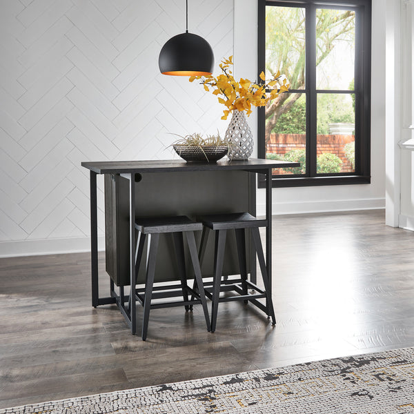 Black Finish 2-door Kitchen Island with Power and USB outlets and 2 Stools