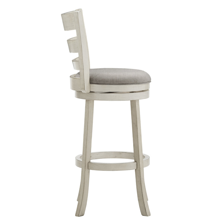 Ladder Back 29"H Swivel Bar Stool - Antique White Finish, Gray Linen