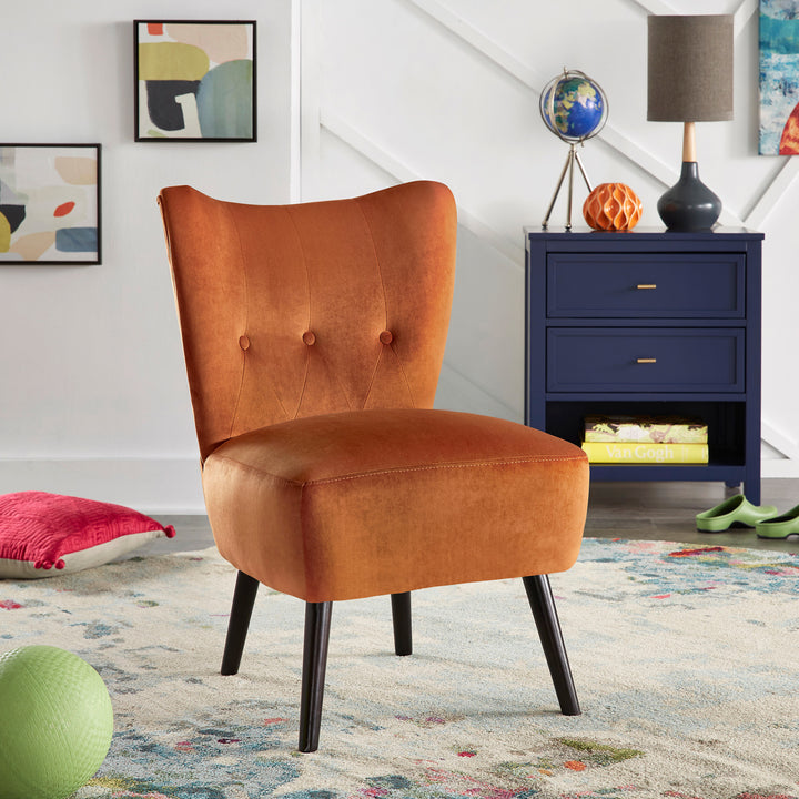 22.5" Wide Tufted Accent Chair - Orange Velvet with Brown Legs
