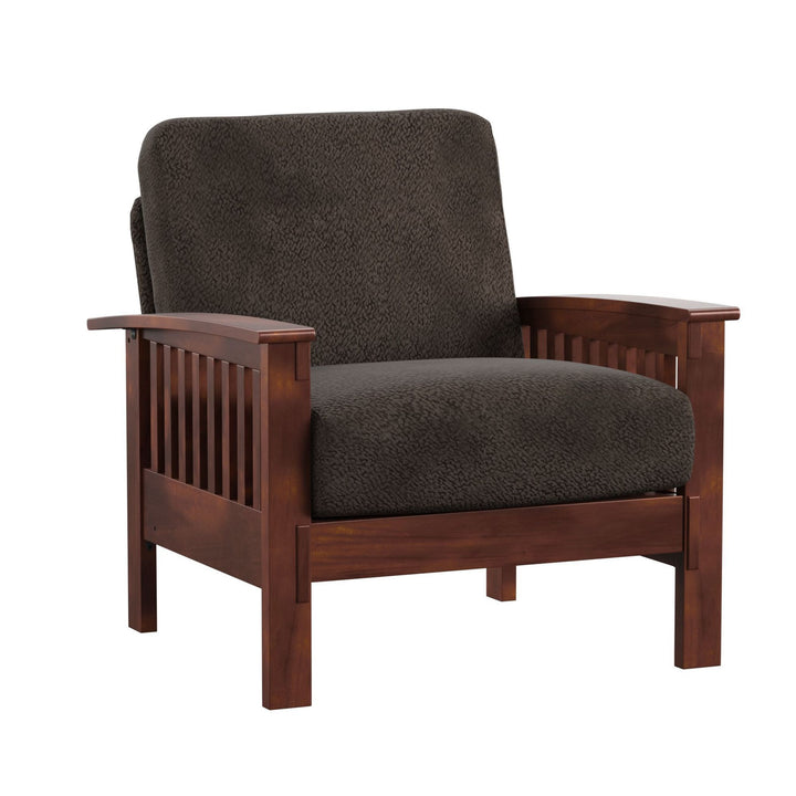 Mission-Style Wood Accent Chair - Dark Brown Fabric, Oak Finish