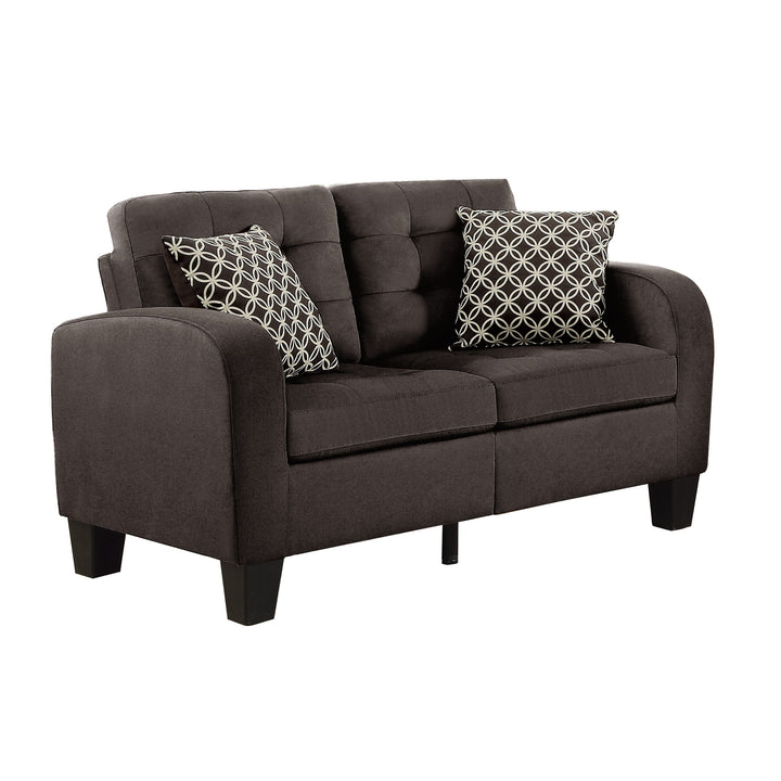 Black Finish Chocolate Fabric Loveseat With 2 Pillows