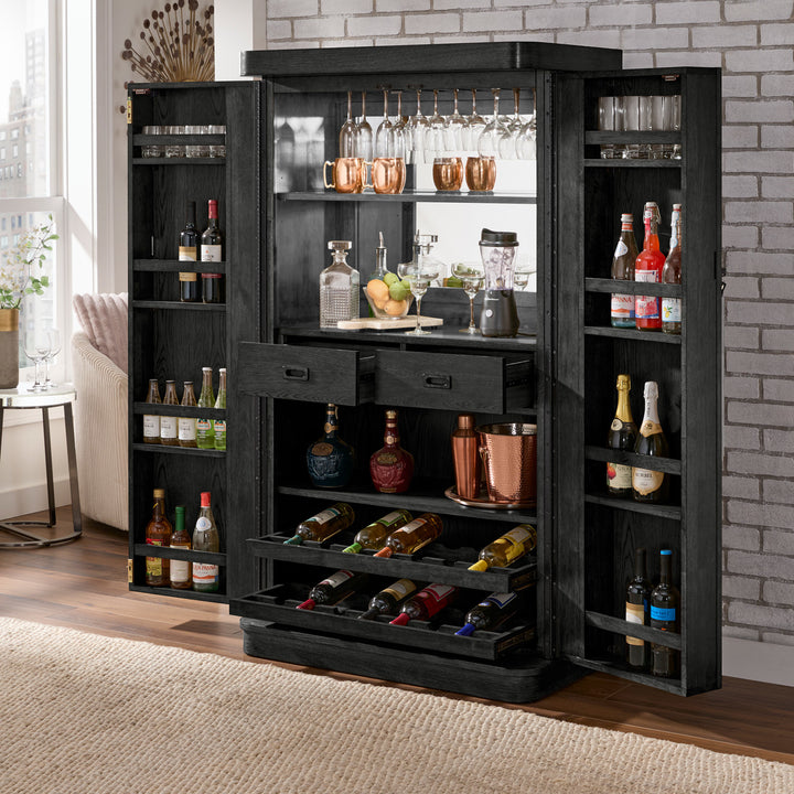 Bar Wine Storage Cabinet with Keys and LED Lights - Black Oak Finish
