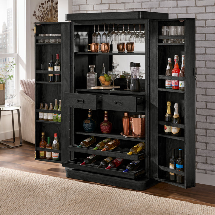 Bar Wine Storage Cabinet with Keys and LED Lights - Black Oak Finish