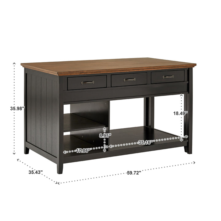 Two-Tone Antique Finish Extendable Kitchen Island with 3 Drawers - Oak Finish Top with Antique Black Base