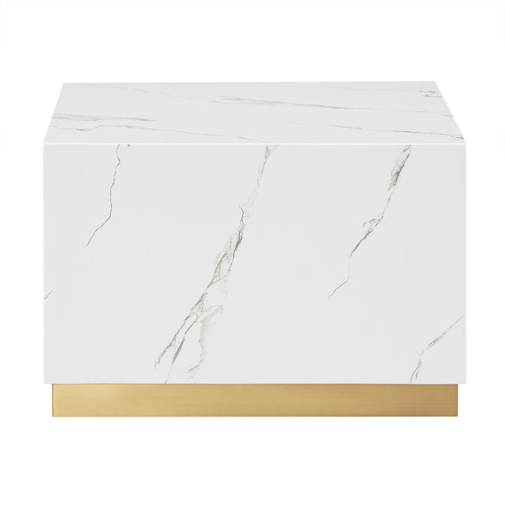 Faux Marble Table with Casters - White, Square, One End and Two Coffee Tables Set