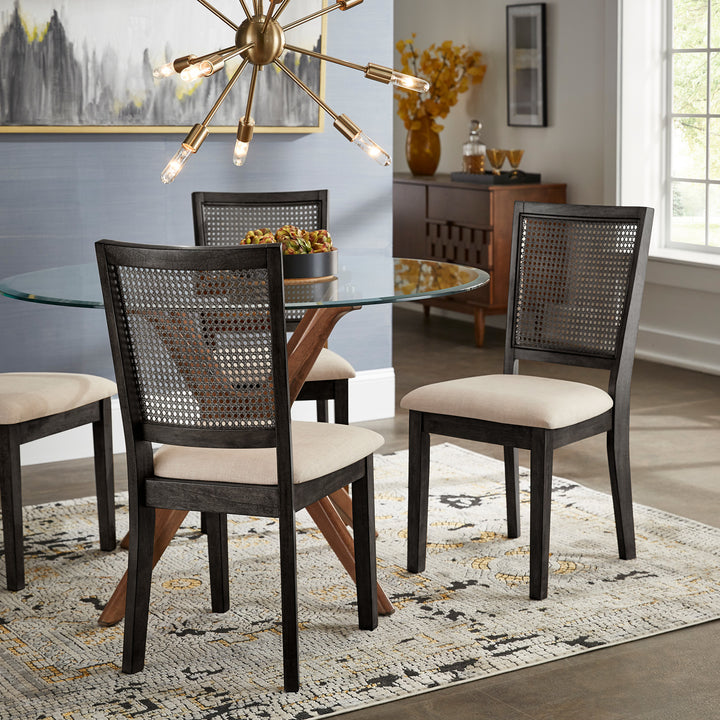 Beige Linen Rattan Back Dining Chairs (Set of 2) - Antique Black Finish
