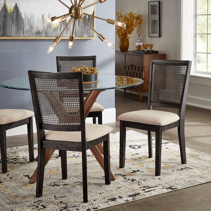 Beige Linen Rattan Back Dining Chairs (Set of 2) - Antique Black