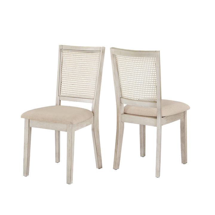 Beige Linen Rattan Back Dining Chairs (Set of 2) - Antique White Finish