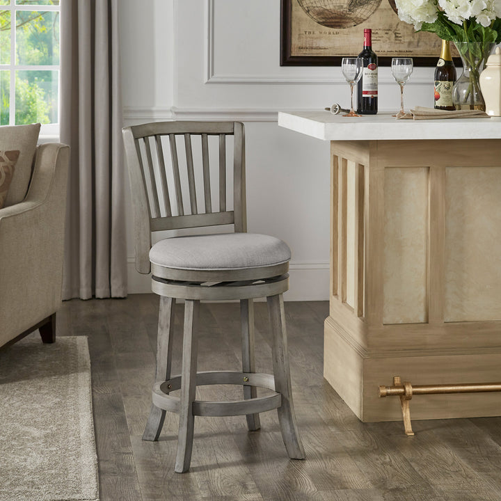 Slat Back Swivel Chair - 24" Counter Height, Antique Grey Finish, Grey Linen