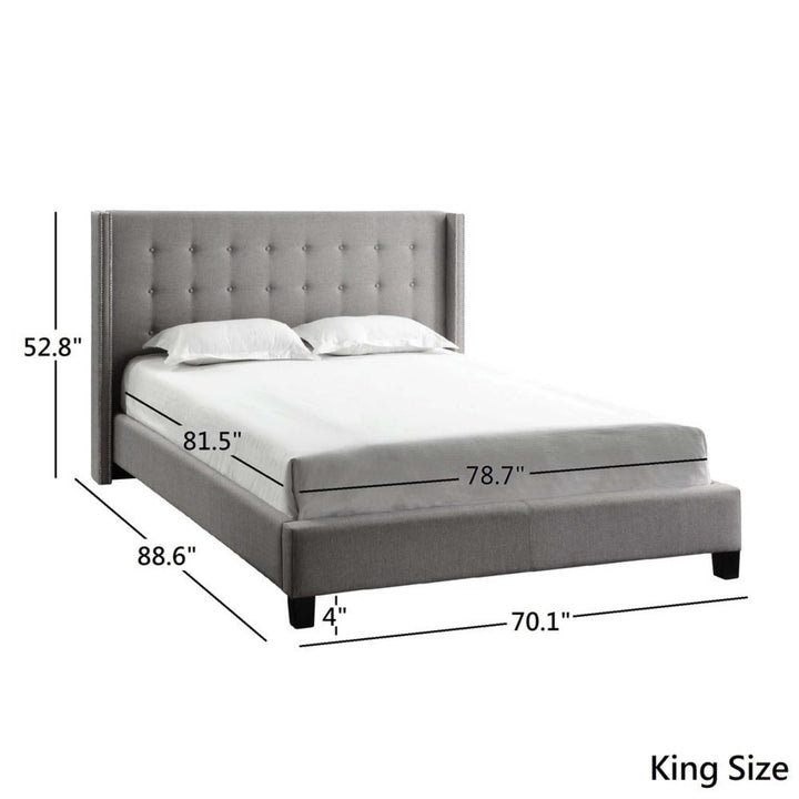 Nailhead Wingback Tufted Upholstered Platform Bed - Beige Linen, King Size