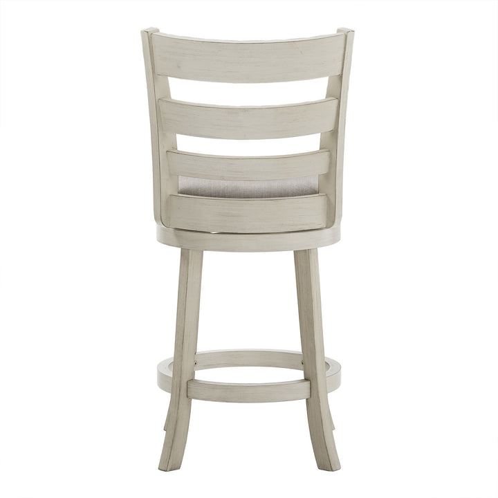 Ladder Back 24"H Swivel Counter Height Stool - Antique White Finish, Grey Linen
