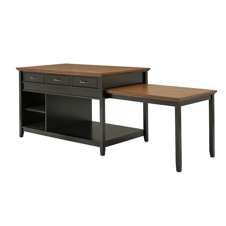 Two-Tone Antique Finish Extendable Kitchen Island with 3 Drawers - Oak Finish Top with Antique Black Base