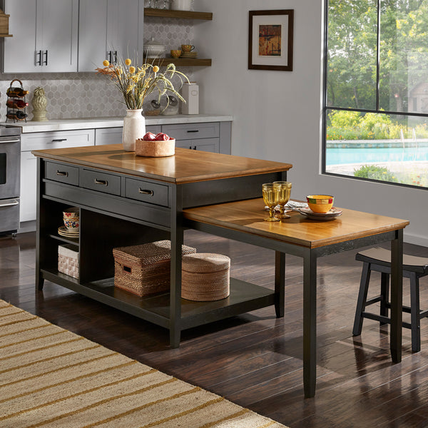 Two-Tone Antique Finish Extendable Kitchen Island with 3 Drawers - Oak Finish Top with Antique Black Base