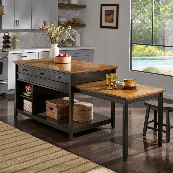 Two-Tone Antique Finish Extendable Kitchen Island with 3 Drawers - Oak Finish Top with Antique Black Base