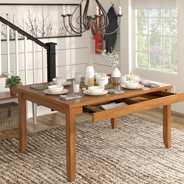 Solid Wood Rectangular Dining Table with Two Drawers - Oak Finish