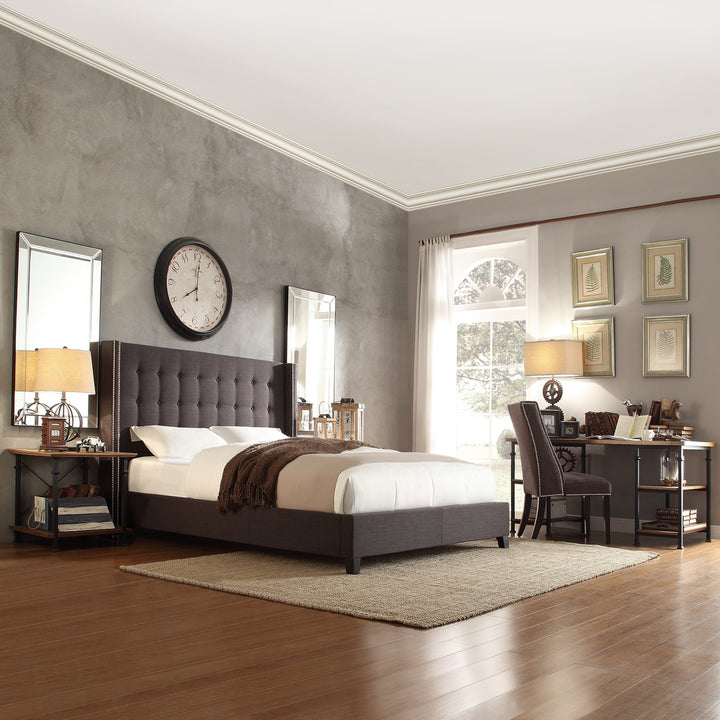 Nailhead Wingback Tufted Upholstered Bed - Dark Grey Linen, Full