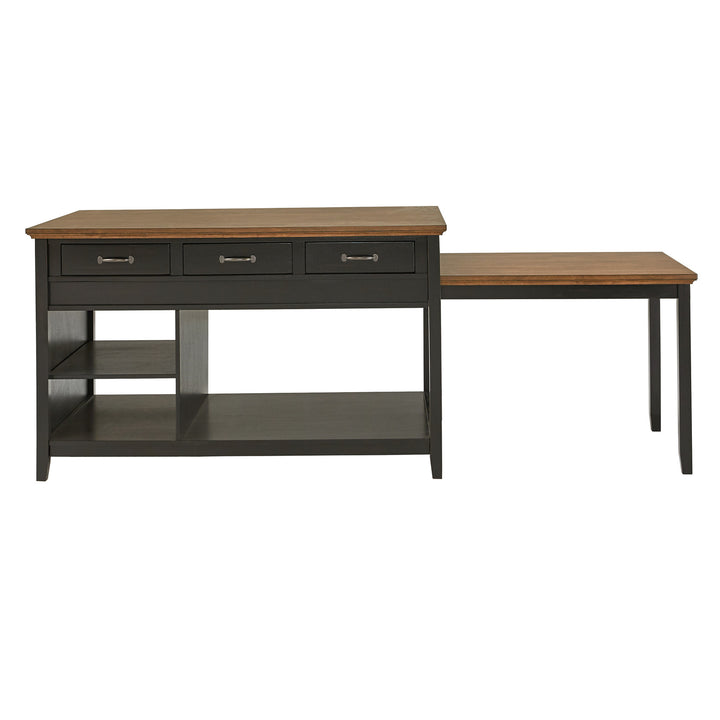 Two-Tone Antique Finish Extendable Kitchen Island with 3 Drawers - Oak Finish Top with Antique Black Base