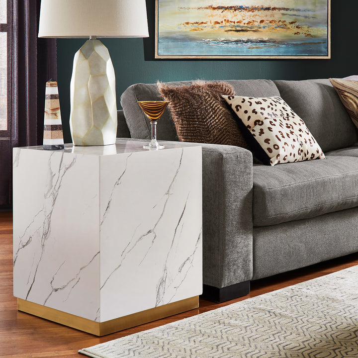 Faux Marble End Table with Casters - White, Square