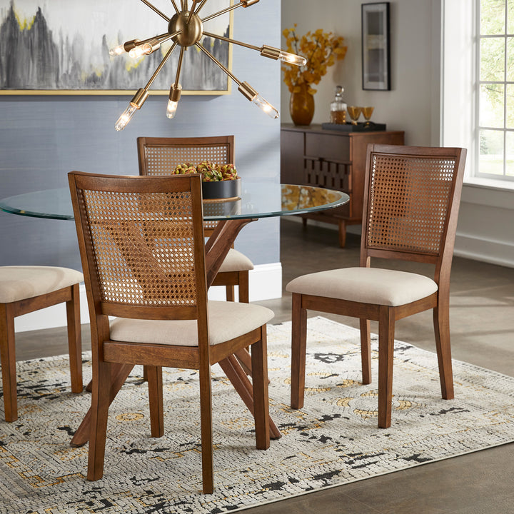 Beige Linen Rattan Back Dining Chairs (Set of 2) - Oak Finish