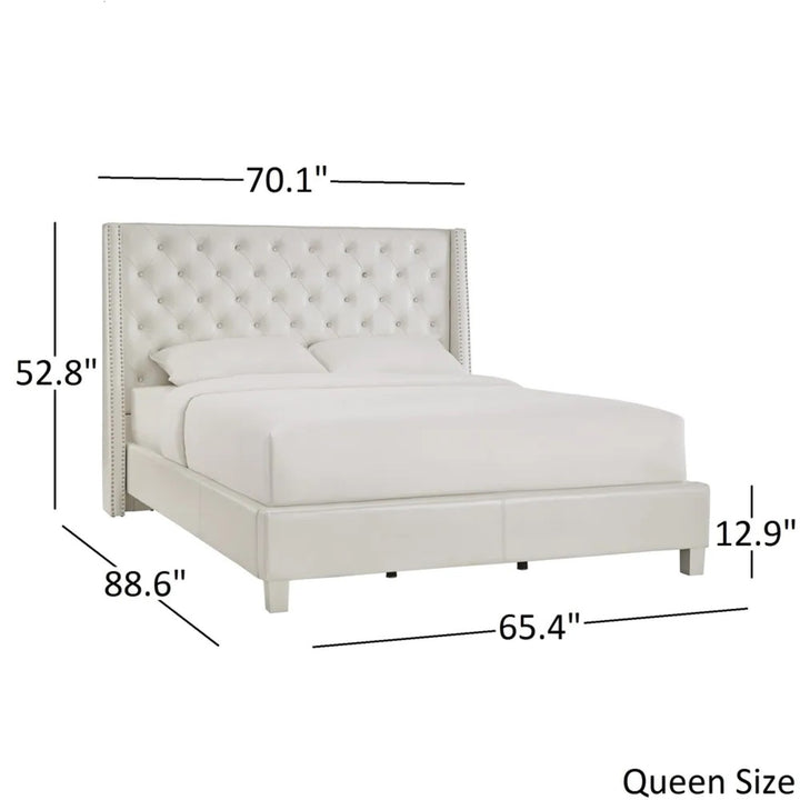 Faux Leather Crystal Tufted Bed - Ivory, Queen