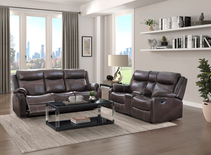 Double Lay Flat Reclining Sofa With Drop Down Cup Holders, Dark Brown Polished Microfiber