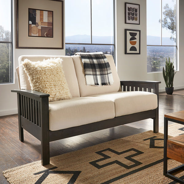 Mission-Style Wood Loveseat - Beige Linen, Dark Grey Finish
