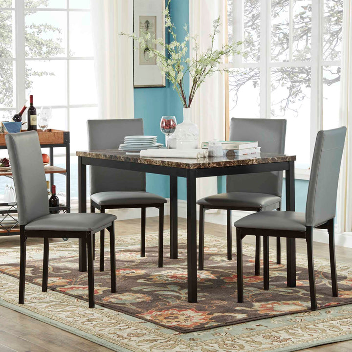 Faux Marble Top 5-Piece Dining Set - Brown Faux Marble, Grey Faux Leather