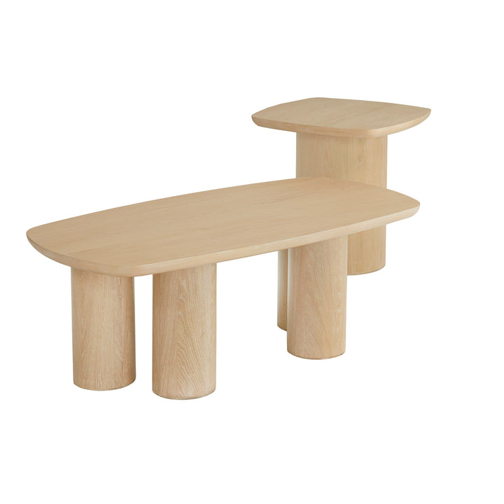 Contemporary Oak-Finished Table with Sturdy Column Base - Coffee Table + End Table