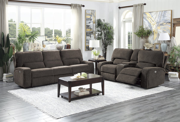 Power Double Reclining Loveseat with Center Console, Power Headrests & Usb Ports, Chocolate 100% Polyester