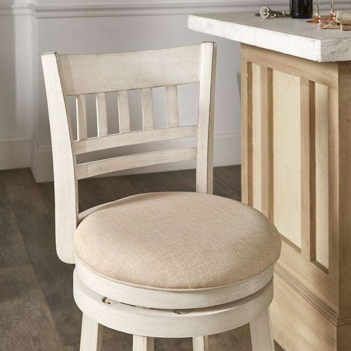 Lattice Back 29"H Swivel Bar Stool - Antique White Finish, Beige Linen