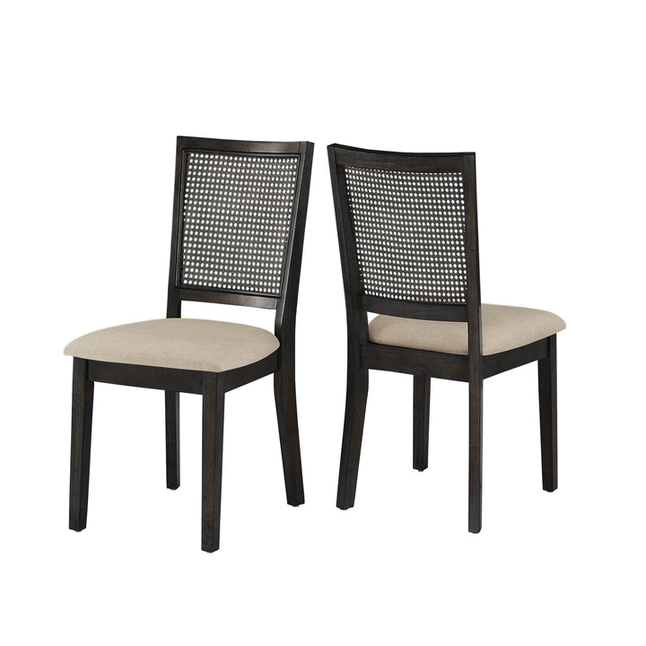 Beige Linen Rattan Back Dining Chairs (Set of 2) - Antique Black Finish