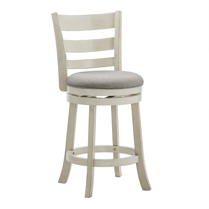 Ladder Back 24"H Swivel Counter Height Stool - Antique White Finish, Grey Linen