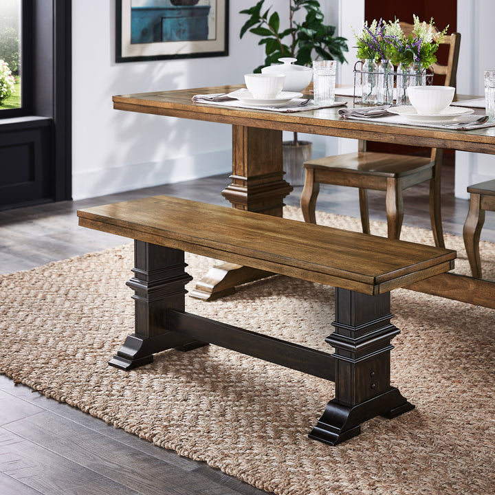 Two-Tone Trestle Leg Wood Dining Bench - Oak Top with Antique Black Base
