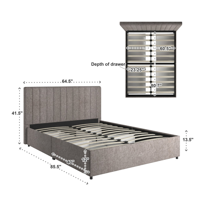 Grey Linen Upholstered Storage Platform Bed with Channel Headboard - Gray Linen, Queen