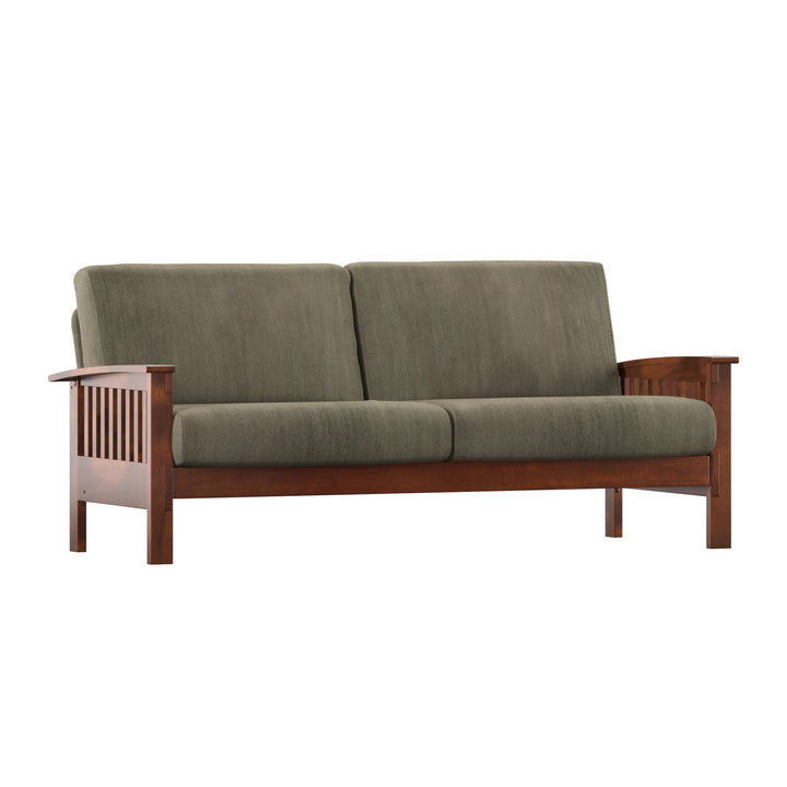 Mission-Style Wood Sofa - Olive Microfiber, Oak Finish