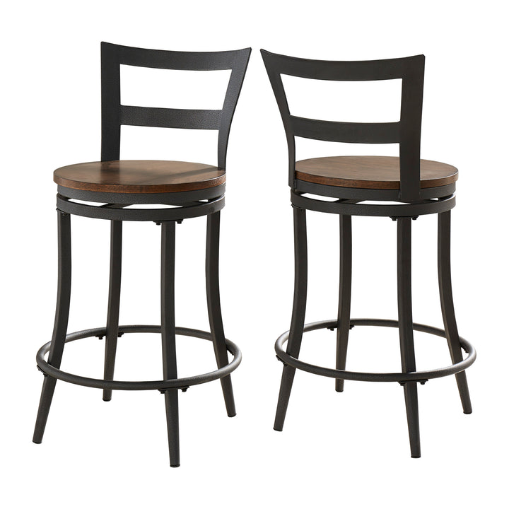 Set Of 2, Red Brown Finish 24" Swivel Counter Height Chair